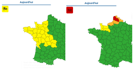 Die ausgegebene Sturmwarnung (links) und die Regenwarnung (rechts) von Meteo France.