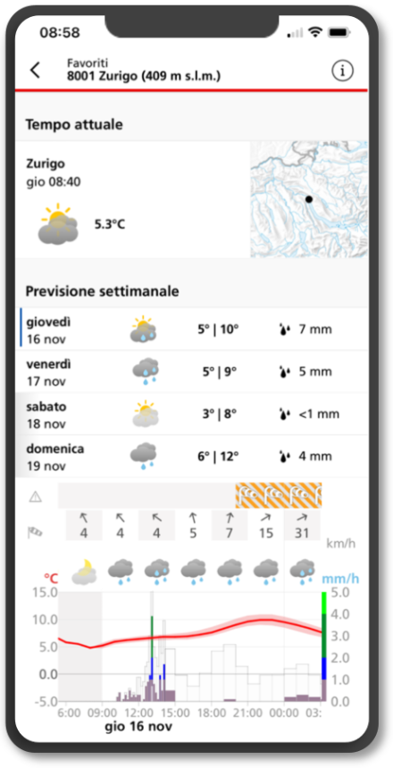Abbildung 1: Die Lokalprognose in der MeteoSchweiz App.