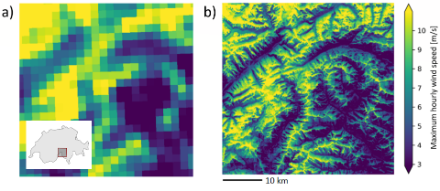 Abbildung 2: Vorhersage der Windgeschwindigkeit in der südlichen Schweiz aus a) dem Wettermodell COSMO-2E und b) der Nachbearbeitung mit einem Deep-Learning-Ansatz. 