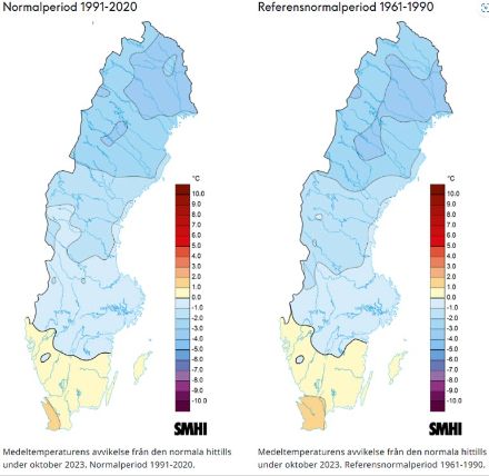 Abb. 2: Abweichung der durchschnittlichen Oktobertemperatur von der Norm: links im Vergleich zum Zeitraum 1991-2020, rechts im Vergleich zum Zeitraum 1961-1990. Die Unterschiede sind sehr gering, da die Durchschnittstemperatur in den beiden Klimaperioden sehr ähnlich ist. 
