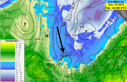 Wettersituation am Samstag, 25. November um 13 Uhr Lokalzeit. Temperatur auf 850 hPa überlagert mit Luftdruck auf Meereshöhe. Am Wochenende befindet sich die Schweiz in einer nördlichen Strömung, mit welcher feuchte Polarluft zu uns gelangt. 