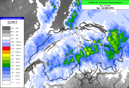 24-stündige Neuschneeprognose nach dem COSMO-1E Modell bis Sonntagmittag, 26.11.2023, 13:00 Uhr. Quelle: MeteoSchweiz