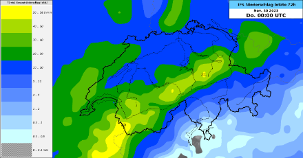 Erwarteter 72-stündiger Niederschlag nach dem europäischen Modell IFS für Montag, 27.11.2023 bis Mittwoch, 29.11.2023. Quelle: MeteoSchweiz/ECMWF