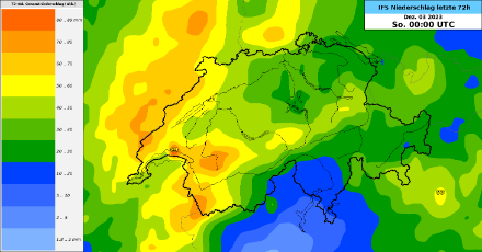 Erwarteter 72-stündiger Niederschlag nach dem europäischen Modell IFS für Donnerstag, 30.11.2023 bis Samstag, 02.12.2023. Quelle: MeteoSchweiz/ECMWF