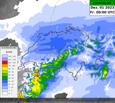 Die Prognose Karte des Cosmo-2E Modells zeigt eine grössere blaue Fläche im zentralen Mittelland, in welcher ab Donnerstagmitternacht in 24 Stunden 15 bis 20 cm Neuschnee fallen dürften.