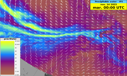 Modelliertes niederschlagbares Wasser für Dienstag den 14 November um 00 UTC. Modell: ECMWF
