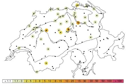 Wiederkehrperiode [Jahre] des Sturmereignisses Frederico an den Messstationen von MeteoSchweiz.