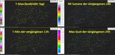 2014. Die wichtigsten Parameter laufend aktualisiert und auf einen Blick: Neben Tageshöchsttemperatur, Niederschlagssumme, Tiefsttemperatur und Böenspitze sind noch weitere Parameter (hier nicht gezeigt) selektierbar.