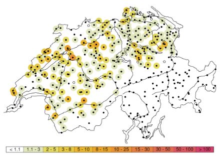 Wiederkehrperioden in Jahren der 3-Tages Niederschlagssummen von Sonntagmorgen (12. November 2023) bis Mittwochmorgen (15. November 2023). Der Legendenbalken zeigt die Bereiche der Wiederkehrperioden (z.B. 5−10 Jahre).