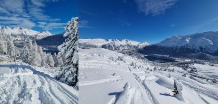 Blick von der Corviglia mit Blick zum St Moritzersee, die ersten Skispuren sind gezogen.