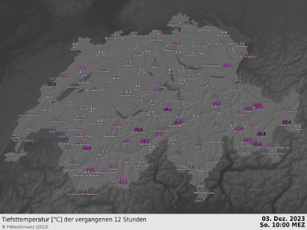 Tiefsttemperaturen in der Nacht auf den 03.12.2023.