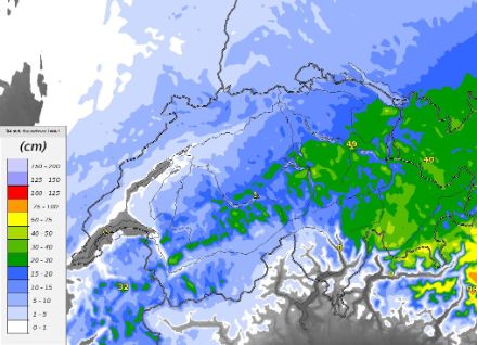Neuschneemengen zwischen Freitagabend und Samstagabend gemäss dem Modell COSMO-1