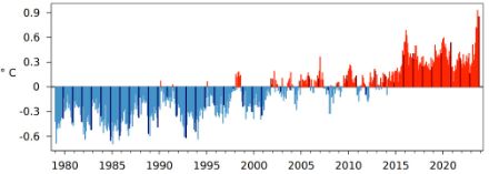 Abb. 1: Global gemittelte Monatstemperaturen seit 1979, dargestellt als Abweichung zum Durchschnitt 1991−2020. Die roten (blauen) Balken kennzeichnen wärmere (kältere) Monate als die Norm. Daten: ERA5. Quelle: C3S/ECMWF.