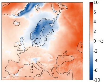 Abb. 3: Räumliche Verteilung der Novembertemperatur 2023 in Europa, dargestellt als Abweichung zum Durchschnitt 1991‒2020 in °C. Quelle: Copernicus / ECMWF.