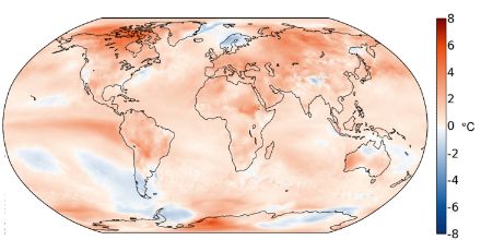 Abb. 4: Räumliche Verteilung der weltweiten borealen Herbsttemperatur 2023 (Monate September, Oktober und November), dargestellt als Abweichung zum Durchschnitt 1991‒2020 in °C. Quelle: Copernicus Climate Change Service / ECMWF. 