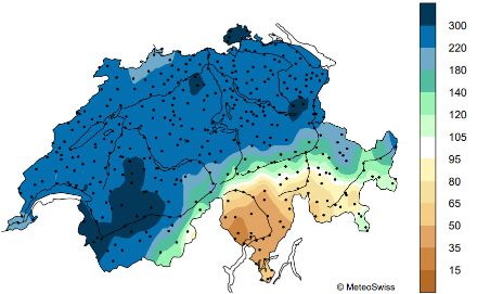 Abb. 5: Räumliche Verteilung der Monatssumme der Niederschläge im November 2023 in der Schweiz, dargestellt in Prozent der Norm 1991-2020. Quelle: MeteoSchweiz.