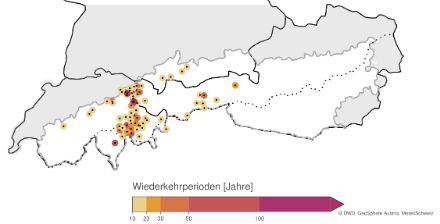 Karte der Wiederkehrperioden, gezeigt sind nur Stationen mit Wiederkehrperioden von mind. 10 Jahren.
