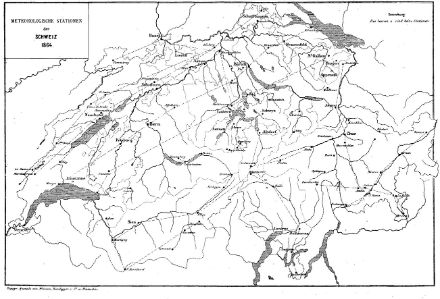 Alte Schweizerkarte mit 88 meteorologische Stationen im Jahr 1864