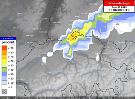 Wahrscheinlichkeit für das Auftreten von gefrierendem Regen am Freitagmorgen (8. Dezember 2023). 