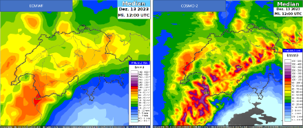 Modellierte 72-stündige Niederschlagssummen aus dem ECMWF und aus dem Cosmo-Modell. 