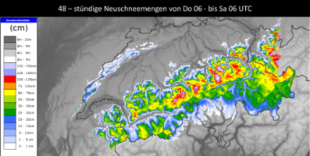 Karte der Schweiz mit Neuschneesummen.