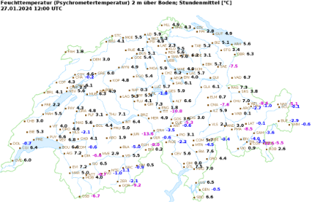 Feuchttemperatur auf 2 Meter über Boden gemessen am 27.01.2024, 12 UTC. Die Werte von 0 bis -5 Grad sind blau, die Werte unter -5 Grad sind violett dargestellt. 