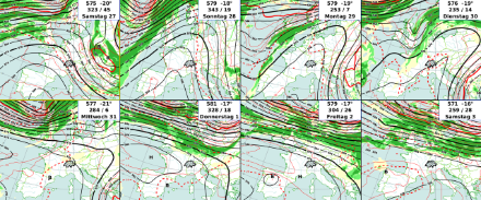 Entwicklung der Strömungslage des IFS-Modells in den kommenden Tagen bis zum 03.02.2024. Dargestellt ist das Geopotential auf 500 hPa (schwarze Linien), die Temperatur auf 500 hPa (rote Linien) und die relative Luftfeuchtigkeit auf 700 hPa (grüne Flächen). 