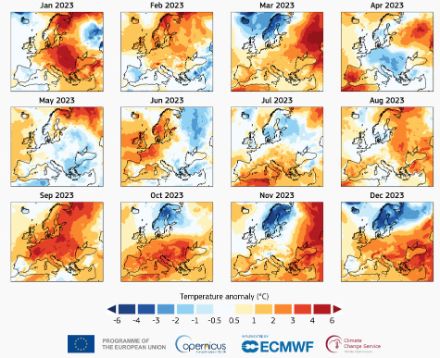 Karten der jeweiligen Temperaturabweichung für alle zwölf Monate in Europa im Jahr 2023