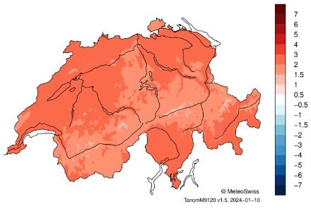 Karte der Verteilung der Temperatur in der Schweiz im Dezember 2023