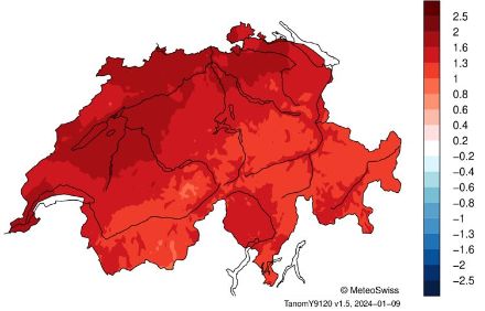 Karte der Temperaturverteilung in der Schweiz im Jahr 2023