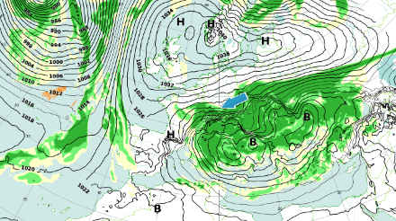 Bodendruck und Feuchtigkeit aus dem ECMWF - Modell heute um 00 UTC.
