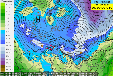 Bodendruck (schwarze Linie) und Temperatur auf 850 hPa resp. rund 1500 Metern (farbige Flächen, Legende links)