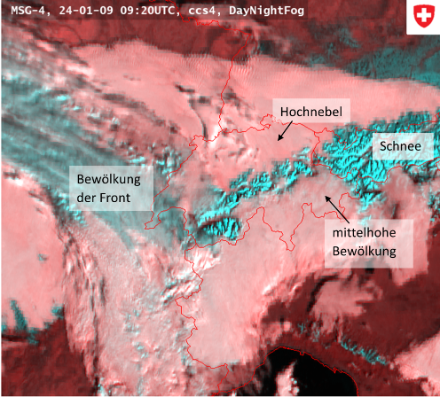 Das eingefärbte Satellitenbild zeigt die unterschiedlichen Wolken. In cyan wird sowohl der Schnee wie auch die hohe Bewölkung dargestellt. Hellrot sind etwas tiefere Wolken und der Hochnebel. In dunkelrot ist in wolkenfreien Regionen die Erdoberfläche zu erkennen. 