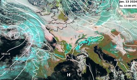Satellitenbild überlagert mit Luftdruck auf Meereshöhe am Samstag, 13. Januar 2024 um 12 UTC. 