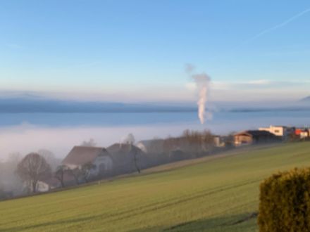 Blick am Sonntagmorgen (28.01.2024) von Chézard-St-Martin NE (800 m ü.M.) über das Mittelland und den Hochnebel hinweg Richtung Alpen. Bild: Meteomeldungen/App