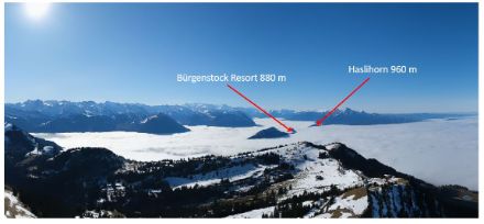 Die Webcam auf der Rigi blickt auf den Nebel über dem Vierwaldstättersee-Becken. Markiert sind Referenzpunkte, anhand derer die Nebelobergrenze hergeleitet werden kann. Bild: www.roundshot.com