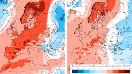 Berechnung der Temperaturabweichung für die nächste Woche und die Woche vom 29. Januar bis zum 5. Februar. In den rot eingefärbten Regionen werden überdurchschnittliche Temperaturen erwartet. Die Abweichung bezieht sich dabei auf die ganze Woche, an einzelnen Tagen kann es dennoch kälter als üblich sein.   
