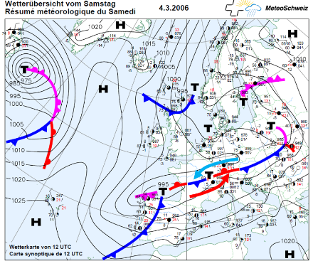 Wetterlage am 4. März 2006, welche zu kritischen Situationen im Strassenverkehr führte, allerdings nicht wegen dem Eisregen, sondern wegen dem Starkschneefall, welcher im östlichen Mittelland Mengen von zum Teil über 40 cm brachte. Wäre der Kaltluftkeil gegen Osten hin weniger steil angestiegen, hätte die Situation nicht zu Starkschneefall, sondern zu einem markanten Ereignis mit vereisendem Regen geführt. Es handelt sich bei dieser Wetterlage um eine klassische Gegenstromlage. Die milden Südwestwinde sind mit dem roten Pfeil, die kalte Bise ist mit einem blauen Pfeil dargestellt.
