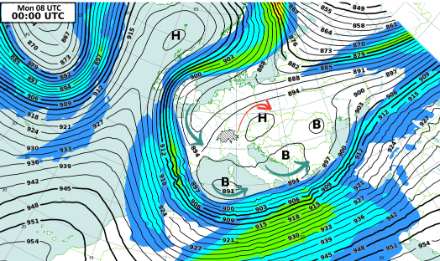 Geopotential (Isolinien) und Wind über 60 Knoten (Jetstream) auf 300 hPa (rund 9000 Meter über Meer) für heute 00 UTC. Modell: IFS.