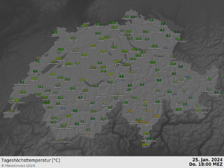 Tageshöchsttemperatur [°C] in der Schweiz vom Donnerstag, 25. Januar 2024, bis um 18 UTC. Wenn auch nördlich der Alpen die Erwärmung markant war, so war es absolut gesehen auf der Alpensüdseite doch deutlich wärmer. Dies besonders in den Niederungen des Mitteltessins  und Südbündens. Mit Nordföhn reichte es dort nämlich für 20 bis 22 Grad. Dies sind keine neuen Rekorde, denn in diesen Gebieten wurden schon um 24 Grad verzeichnet, so am 19. Januar 2007.
