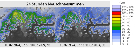 24 Stunden Neuschneesummen der letzten 48 Stunden berechnet aus Radardaten und Schneemessungen. 