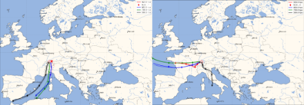 Berechnete Rückwärtstrajektorien für Zürich: Dargestellt sind 3 Ankunftshöhen 850 hPa (blau), 700 hPa (grün) und 500 hPa (schwarz). Links die Herkunft der Luftmasse am Samstag, 10.02.2024 um 11 UTC, rechts am Sonntag, 11.02.2024 um 11 UTC. 