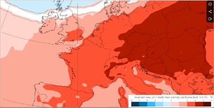 Vorhersage des ECMWF für die mittlere Temperaturabweichung der Woche vom 5. bis 12. Februar. Kommende Woche zeigt sich fast in ganz Europa, Ausnahme Schottland und Skandinavien, deutlich zu warm im Vergleich zum klimatologischen Durchschnitt.