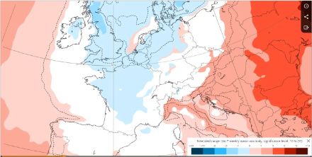 Vorhersage des ECMWF für die mittlere Temperaturabweichung der Woche vom 12. bis 19. Februar. In der übernächsten Woche dominiert kalte Polarluft über weiten Teilen Europas. Die Temperaturen entsprechen dem klimatologischen Durchschnitt oder liegen leicht darunter. Die Warmluft wurde nach Osteuropa verdrängt.