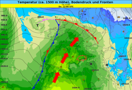 Temperatur der Luftmasse in ca. 1500 m Höhe, Bodendruck und Frontensysteme über Europa am Donnerstag, 15.02.2024, 13:00 Uhr (nach IFS-Modell/ECMWF). Quelle: MeteoSchweiz