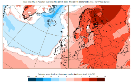 Prognostizierte Abweichung der Temperatur für die Woche vom 19.02. bis 26.02.2024 nach der IFS-Ensembleprognose (rot zu warm, blau zu kalt). Quelle: ECMWF