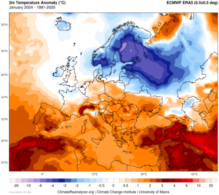Temperaturabweichung in Grad Celsius im Januar 2024 im Vergleich zum langjährigen Mittel der Periode 1991-2020. Quelle: https://climatereanalyzer.org
