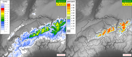 Links: Neuschnee zwischen So 15 und Di 09 UTC, berechnet von unserem neuen Modell ICON-CH-2E. Dargestellt ist der Median aller 21 Modellläufe. Rechts: Vom ICON-CH-2E berechnete Wahrscheinlichkeit für mehr als 30 cm Neuschnee zwischen Sonntagabend und Dienstagvormittag. 