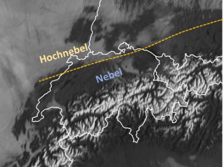 Satellitenbild von heute Morgen um 9:30 Uhr: Der Hochnebel von Frankreich zog bis nach Süddeutschland und streift dabei auch den Nordrand Schweiz. Die zum Teil sichtbaren, Nord-Süd-verlaufenden Wellenstrukturen machen dabei die Westströmung sichtbar. Weiter südlich lag in einigen Regionen Nebel.