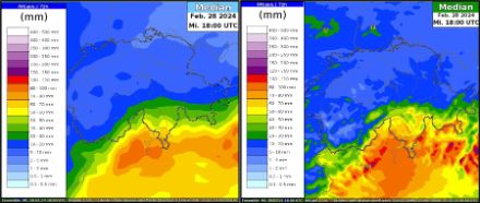 Modellierter 72h-Niederschlag [mm] von IFS (links) und COSMO-2E (rechts), jeweils Median. Im Tessin werden Niederschlagsmengen von 50-80 mm, am Alpenhauptkamm 25-50 mm berechnet. 